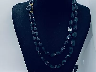 Vtg. Japan Jet Black Faceted Lucite 2-strand Mourning Beads Necklace 383 • $3.14