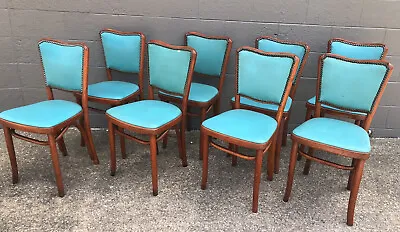 $748 • Buy Set Of 8 Antique Bentwood Pub Cafe Chairs Turquoise Blue Studded Thonet Style