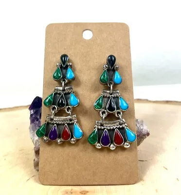3 Tier Taxco Multi Gem Dangle Earrings Sterling Silver 925 Malachite Turquoise • $148
