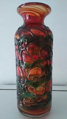 VINTAGE 1970s MDINA ORANGE SWIRL TRAILED BLUE GLASS  VASE NO DAMAGE • £25