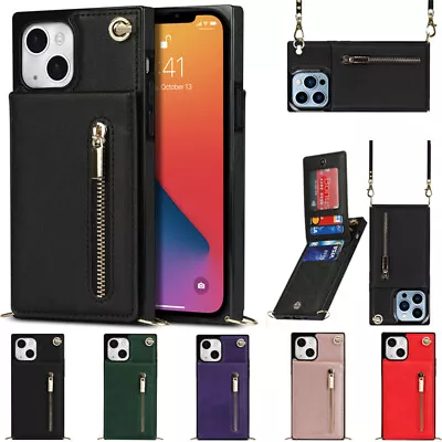 $16.99 • Buy Case For IPhone 14 13 12 Pro XR XS Max 8 7 Crossbody Strap Leather Wallet Cover