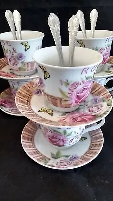 6 Cup 6 Saucer 6 Spoons Floral Tea Set ROSES BUTTERFLY Flower CLEARANCE SALE • $24.99