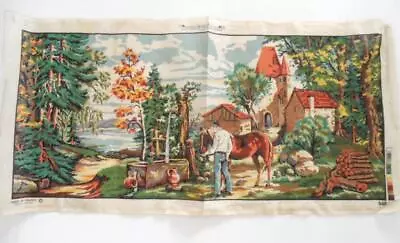 Vintage Large Margot Paris France Unworked Tapestry Canvas Horse & Country Scene • $64.35