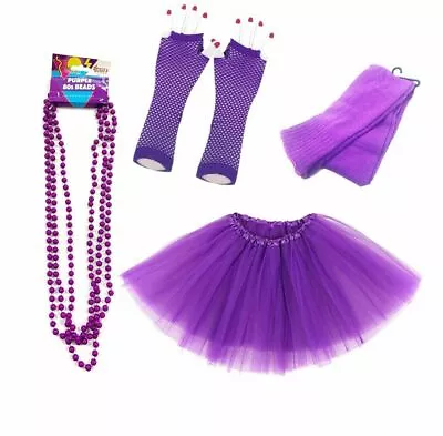 80s Purple Tutu Set Ladies Leg Warmers Netted Gloves Beads Fancy Dress Pride • £9.99