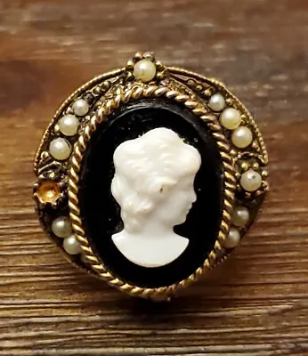 VTG Victorian Black/white Cameo Gold Tone Faux Seed Pearls Adjustable Sz 8  Ring • $35