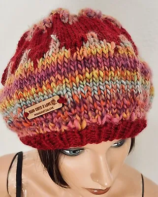 Hand Knits 2 Love Slouch Hat Beanie Cap Beret Faux Fur Pom Pom Fair-isle Style • $58.50