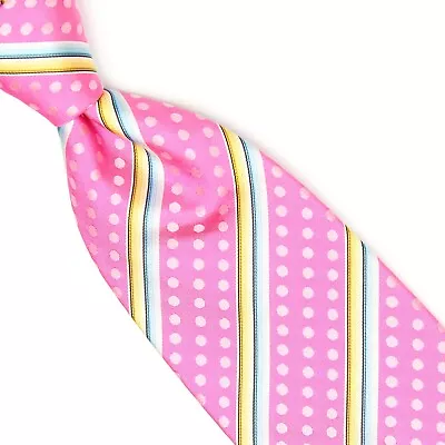 Etro Milano Mens Silk Necktie Pink Polka Dot Blue Yellow Stripe Woven Tie Italy • $59.99