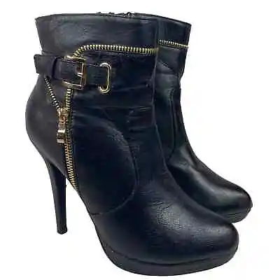 Top Moda Womens SZ 9 Stiletto Heel Biker Black Moto Zip Punk Buckle Faux Leather • $18.74