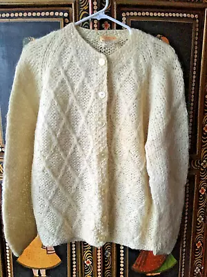 Vtg 1960’s Made In Italy Franzini Mohair Wool Hand Knit Cardigan Sz L Ivory • $45