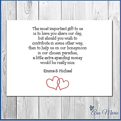 10 Personalised Wedding Money Poem / Gift Poem Cards / Honeymoon Wish Poems Card • £2.99