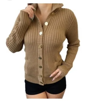 Cable Knit Shawl Collar Buttoned Cardigan Sweater -M  Vtg  Acrylic  Tan Pokets • $29