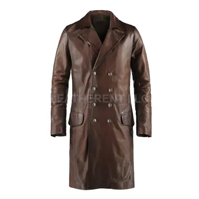Mens Trench Coat Brown Real Leather German Naval Peacoat Classic Military Style • $129.98