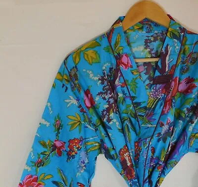 $42.89 • Buy Women Night Wear Shirt Long Kimono Indian Hand Block Dress Bathrobe Screen Print