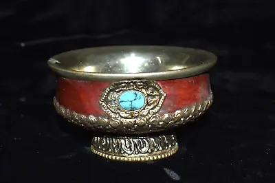 Vintage Tibetan Style Turquoise Wood Embossed Metal Ceremonial Bowl Souvenir • $44.99