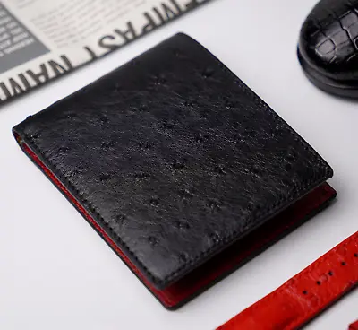 Black Red Ostrich Leather Slim Minimalist Bifold Wallets For Men Luxury Gift • $75