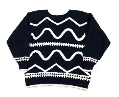 VTG 90s Geometric Abstract Sweater Women's Large Black Ivory Retro Funky • $22