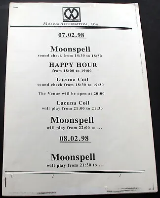 Moonspell Itinerary Original Vintage Lacuna Coil Tour Lisbon 1998 • £23.75