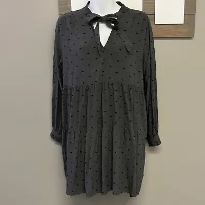 Zara Gray Black Embroidered Long Sleeve Peplum Tunic/Dress W/ Front Tie- Medium • $40