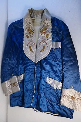 Antique Smoking Jacket Silk Chinese Embroidered Blue And Silver Dragons Medium  • $250