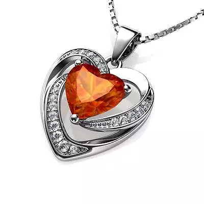 DEPHINI Orange Heart Necklace - 925 Sterling Silver Pendant CZ Crystal • £35