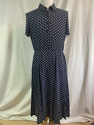 Orvis Womens Navy Blue Polka Dot Dress Tea Length Short Sleeve Full Skirt • $34