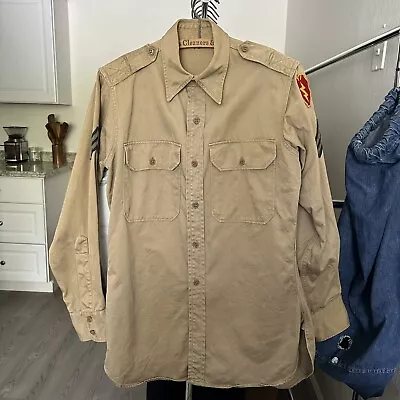 Vintage 1940s 40s Tan Khaki Military Button Up Shirt Patches Work Shirt 14 1/2 • $60