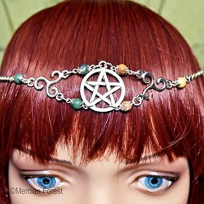 Pentacle Triskele Moss Agate Jasper Headdress - Pagan Jewellery Wicca Circlet • £12.50