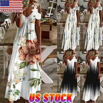 $6.50 • Buy Womens Boho Floral Long Maxi Dress Ladies Cami Holiday Cold Shoulder Sundress US