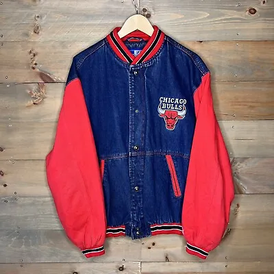 Vintage Chicago Bulls Starter Denim Bomber Jacket NBA Red Men's Size Large • $150