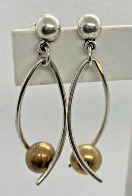 Vintage Modernist 2 Tone Geometric Earrings Sterling 925 Silver & Brass Ball 4g • $27.77