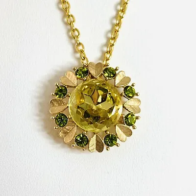 Vintage AVON Signed Green & Gold Rhinestone Brooch Convertible Pendant Necklace • $19.99