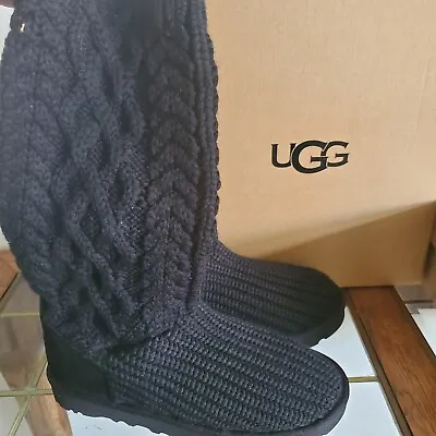 New Womens Size 10 Black Ugg Classic Cardi Cabled Knit Tall Boots 1146010 $160 • $93.46
