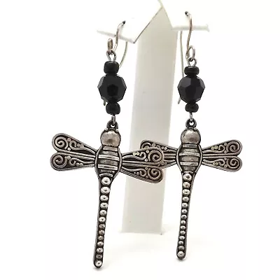 Sterling Silver Black Onyx Bead Handwrought Dragonfly Dangle Earrings Vintage Lg • $79