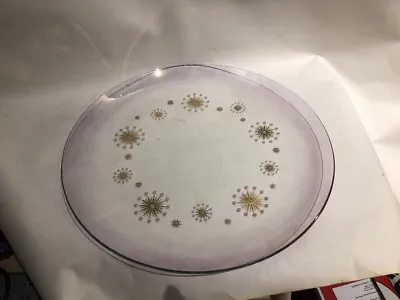 Mid Century Modern Glass Platter Atomic Gold Starbursts Amethyst Tint Edge  • $18