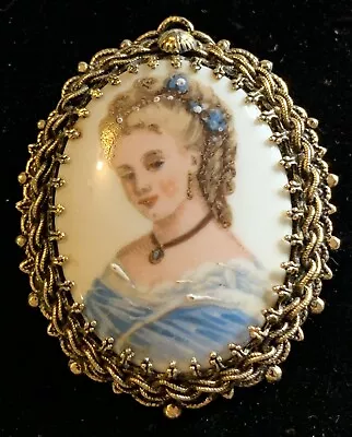 Vintage French Limoges Lovely Hand Painted Lady In Blue Porcelain Brooch/Pendant • $11.85