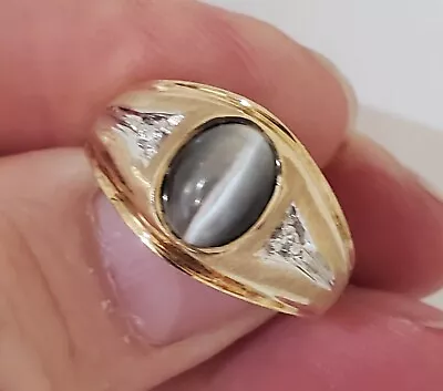 10K Gold Grey Cat's Eye & Diamond Accents Ring (4.8g).  Size 9.75 (OGJ2248) • $239.99