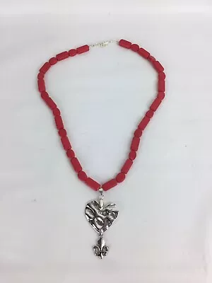 Necklace Red Costume Jewelry Heart Fleur De Lis Metal Plastic • $9.99