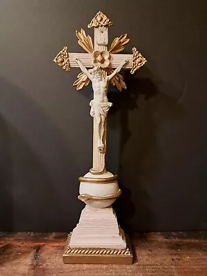 Antique Altar Chapel Standing  Wood Metal Cross Crucifix Porcelain Bisque Corpus • $90