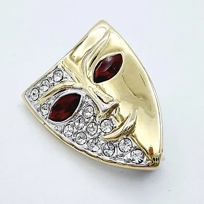 Theatrical Mask Brooch With Red Eyes And Paved Clear Rhinestone Gold Tone  • £10