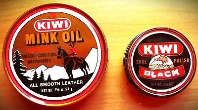 2 Vintage Empty Kiwi Polish Tins 2 5/8 Oz Mink Oil 1 1/8 Oz Black Shoe Polish • $12.99