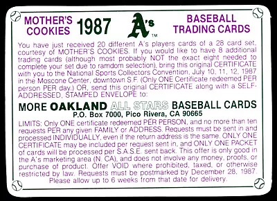1987 Mothers Cookies OAKLAND ATHLETICS A'S EXPIRED MAIL IN REDEMPTION CARD • $1.99