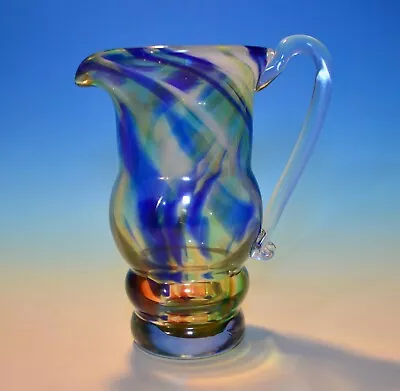 Mexican Handblown Art Glass Cobalt Blue & Green Swirl Pitcher  5.75  Tall Exc. • $14.99