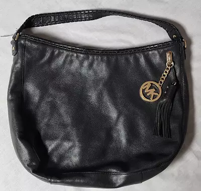 Michael Kors Large Black Pebbled Leather Shoulder Hobo Bag Gold HW Tassel Charm • $39.99