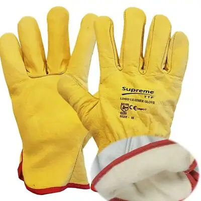 Premium Yellow Leather Driver Work Gloves Fleece Lined Lorry Truck Driving Glove • £2.45