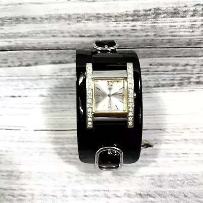 Vintage Guess Watch Women Gold Tone Square Black Leather Band Faux Diamonds • $29.97