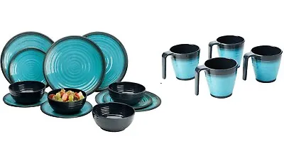 12Pc Melamine Dinner Set Plates Bowls Or 4 Mugs Set BBQ Motorhome Crockery Aqua • £19.99