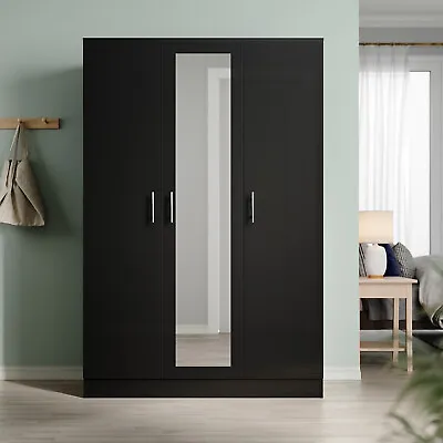 3 Door Triple Mirrored High Gloss Wardrobe Black With Hanging Rail & Shelves • £204.99