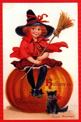 Beauty Girl Seated On A Pumpkin Black Cat Broom Halloween Vintage Poster Repro • $10.96