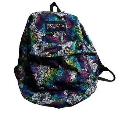 JanSport T501 Superbreak Backpack Black With Flowers School Bag • £12.34