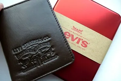 LEVI'S BROWN LEATHER / DENIM CARD HOLDER IN GIFT TIN Wallet Cards Horse Logo • £39.50